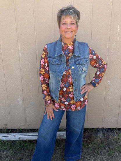 Sunshine & Rodeo Brown Multi Floral Mesh Top
