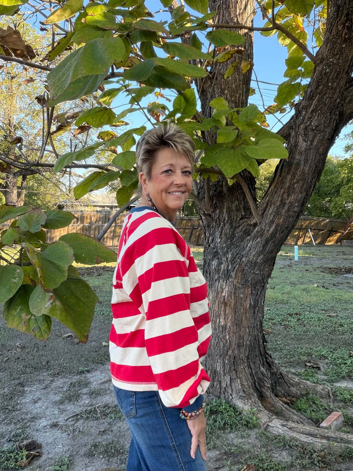 New Me red beige blue sweatshirt