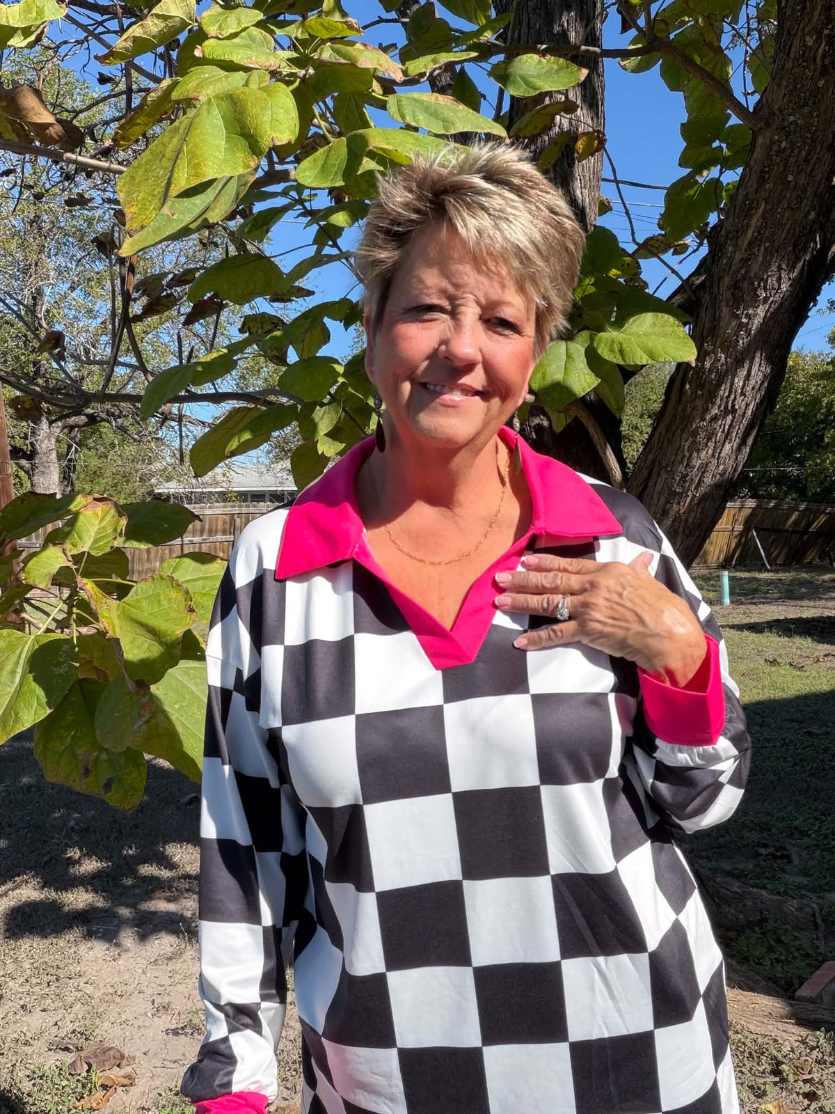 Sunshine & Rodeo checkered pink top