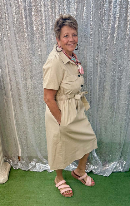 Flamingo tan belted dress