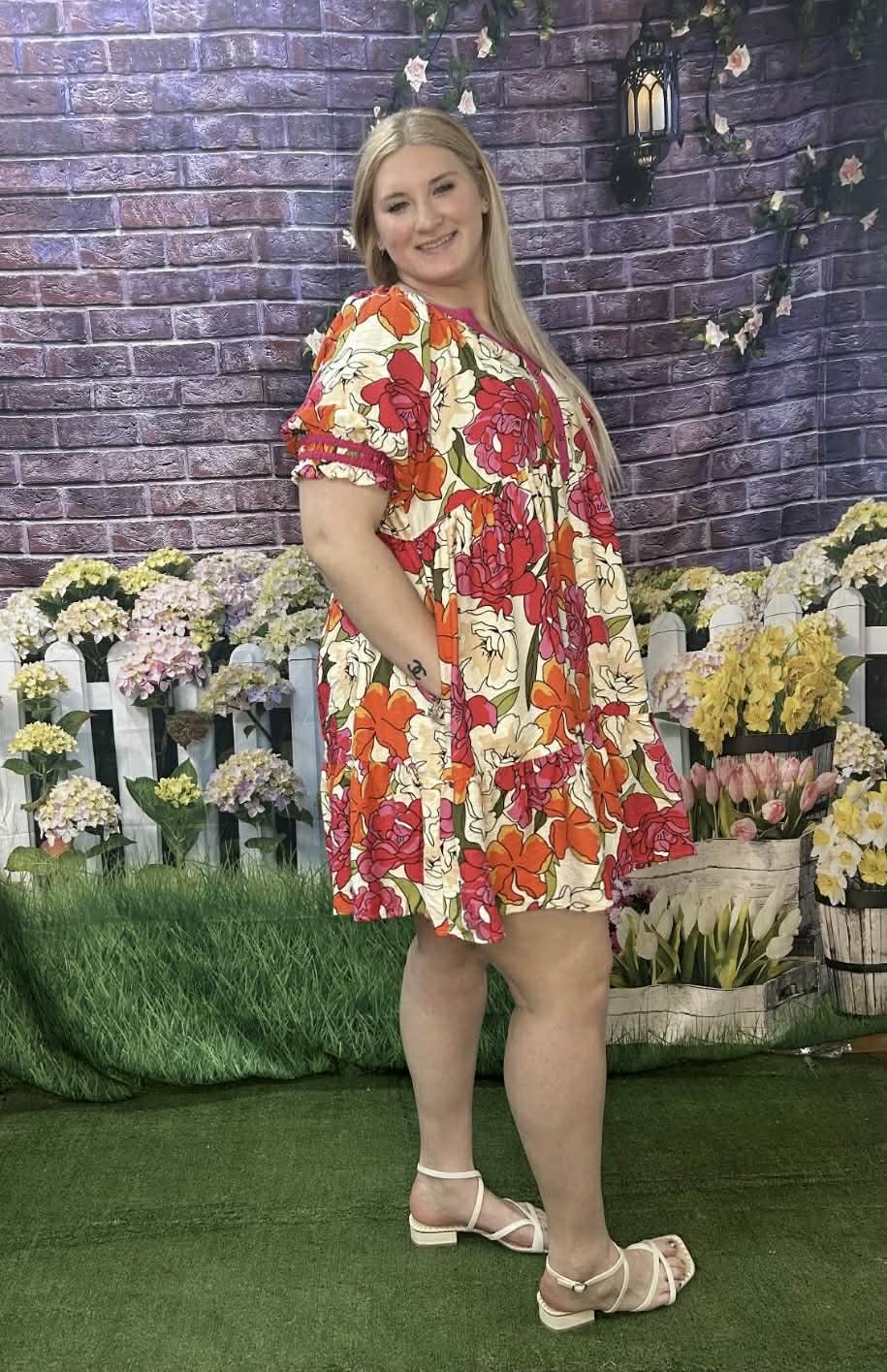 Umgee Floral Pink Babydoll Dress Plus