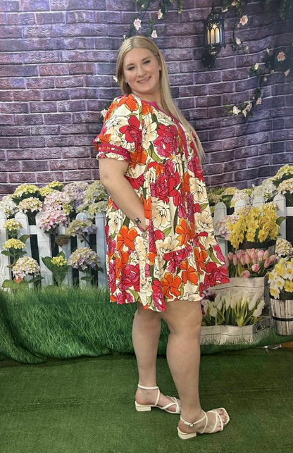 Umgee Floral Pink Babydoll Dress Plus
