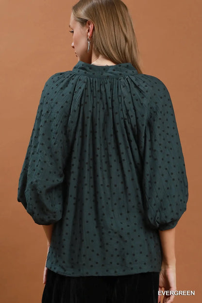 Umgee Polka Dot Textured Puff Sleeve Top