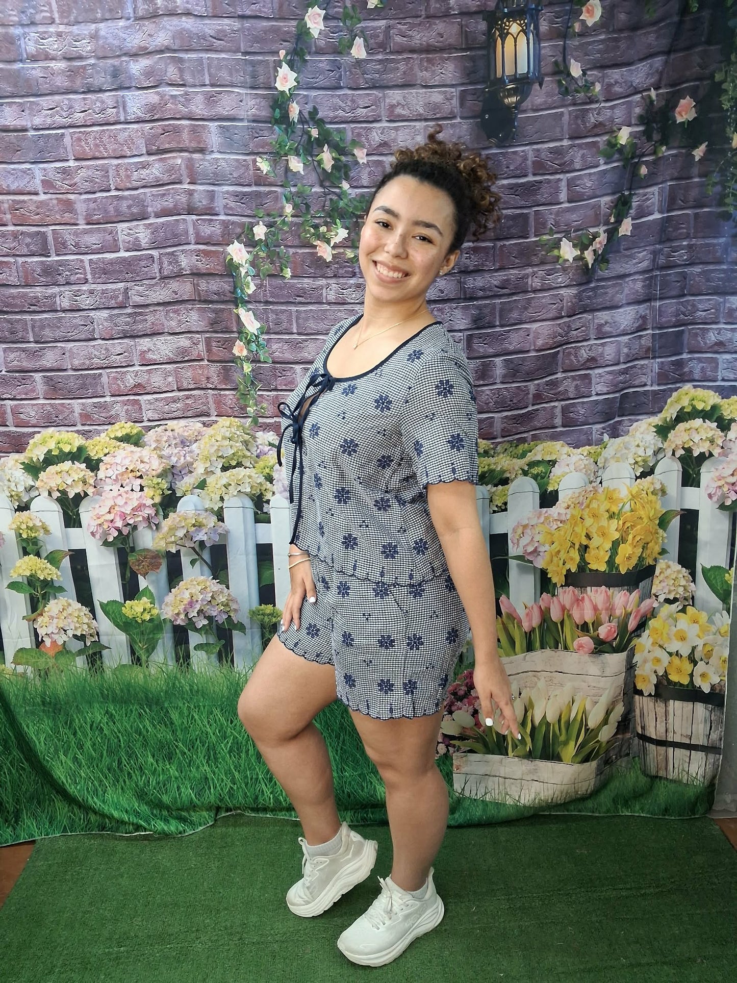 Very j floral embroidered navy short set