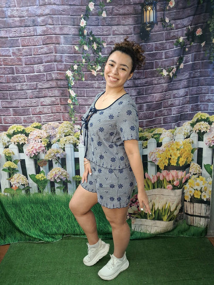 Very j floral embroidered navy short set