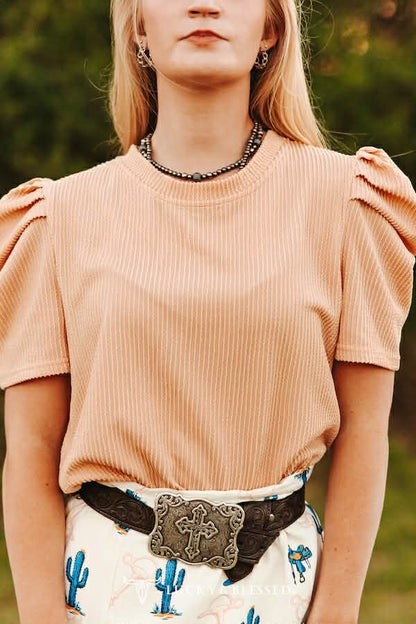 Lucky & Blessed bubble sleeve ribbed top