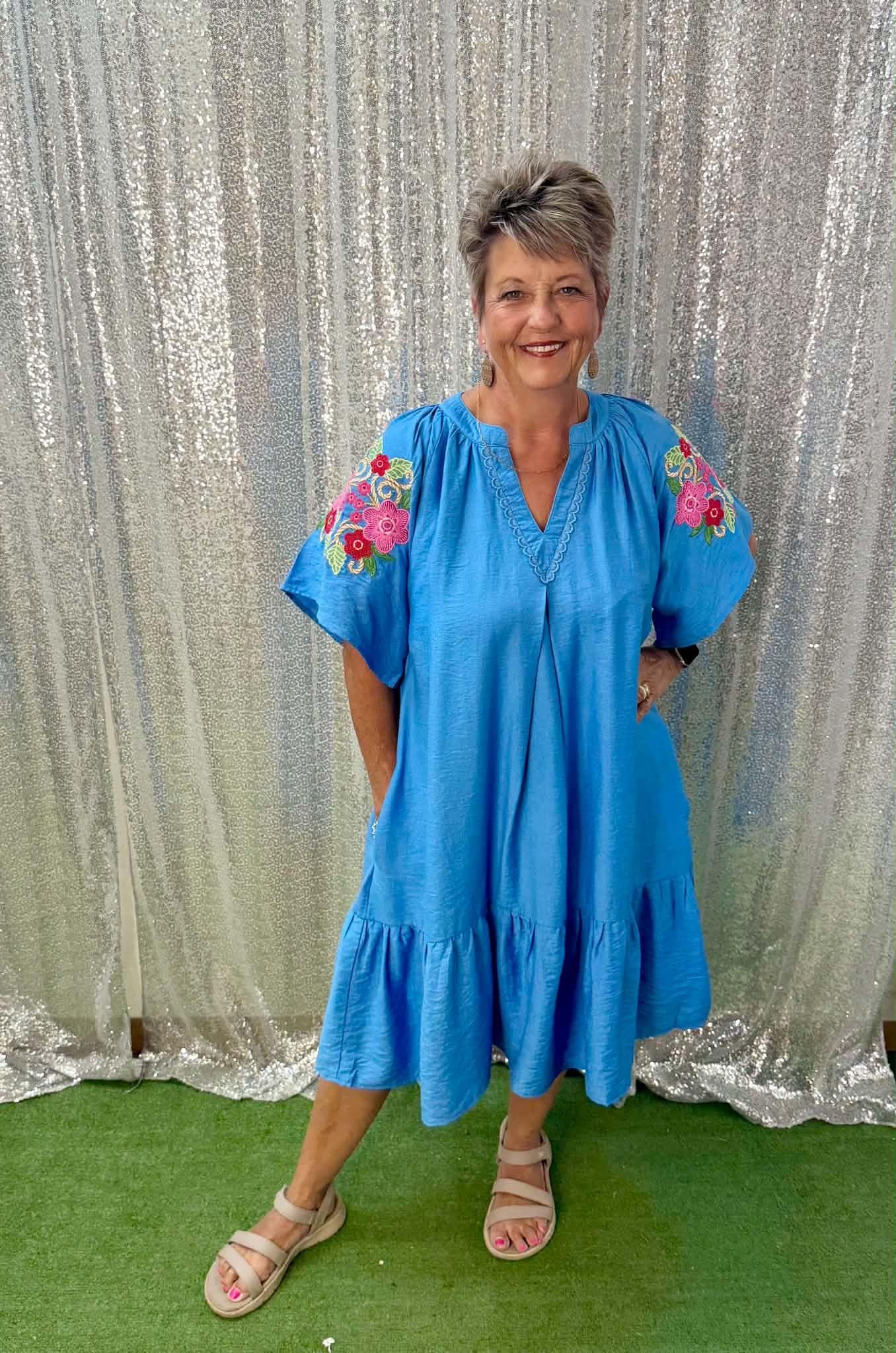umgee floral sleeve cerulean dress