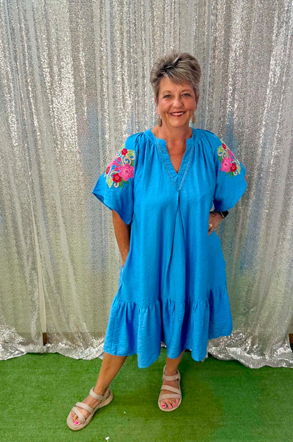 umgee floral sleeve cerulean dress