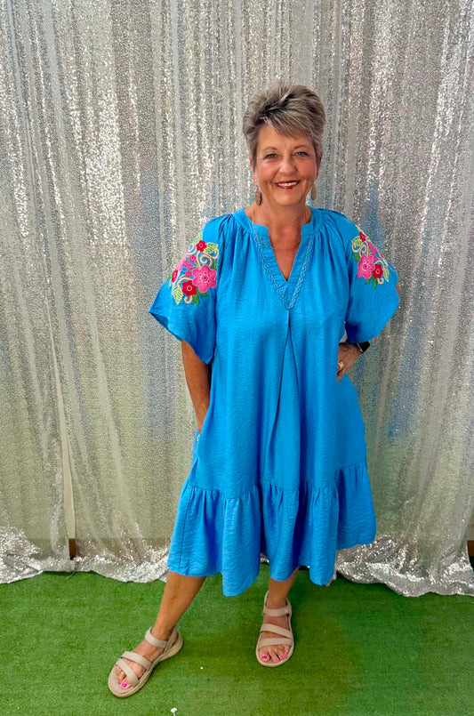 umgee floral sleeve cerulean dress