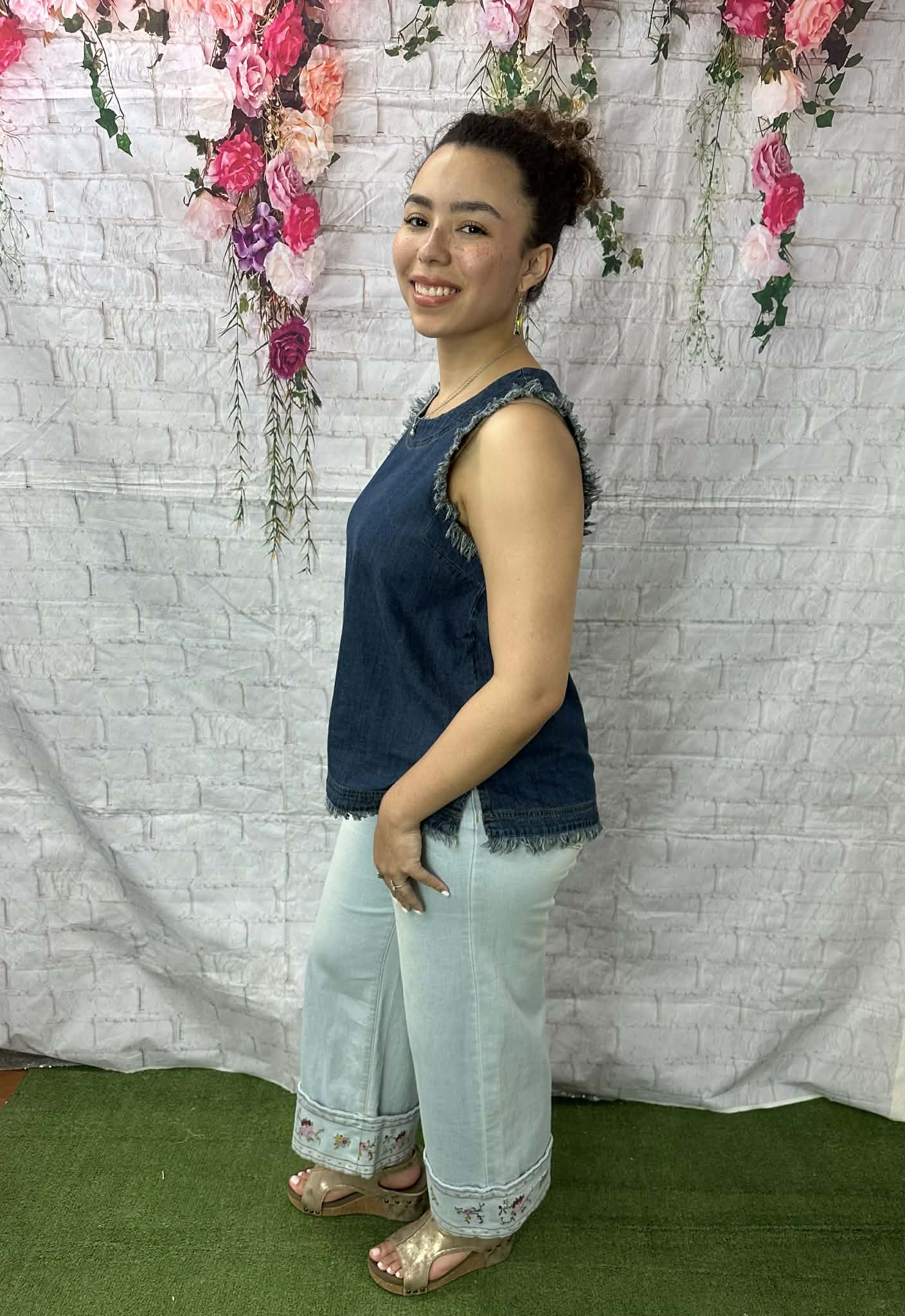 Umgee Denim Sleeveless Fringe Top