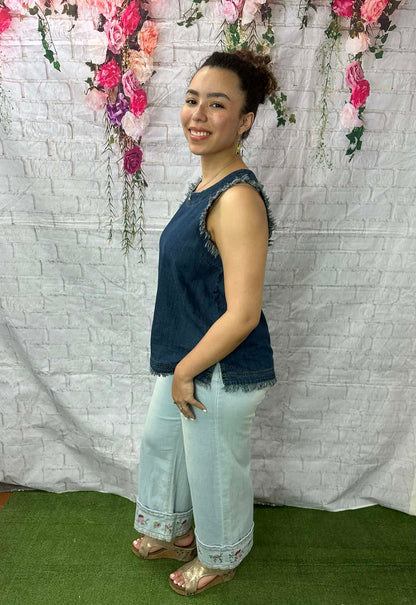 Umgee Denim Sleeveless Fringe Top