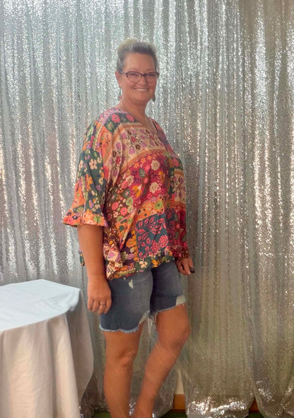 Easel Pink Brown Floral Top