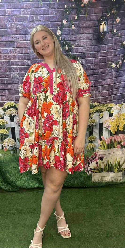 Umgee Floral Pink Babydoll Dress Plus