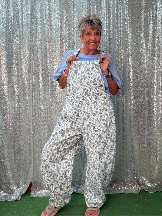 Oddi Washed Blue Floral Overalls