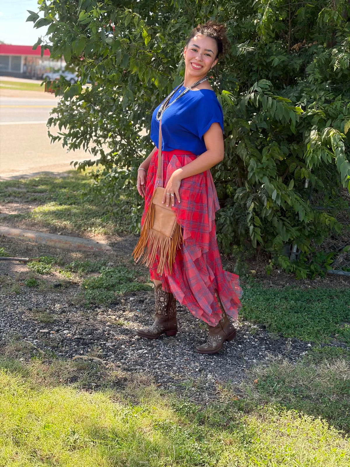 Easel Tulle Layered Plaid Skirt
