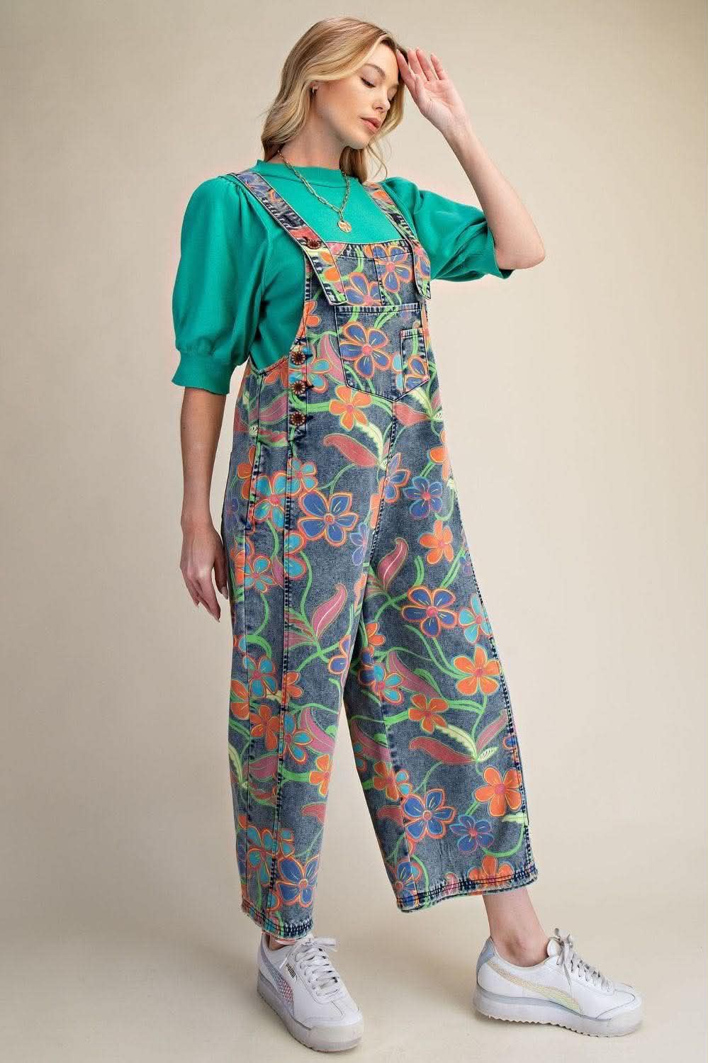 Easel Bright Floral Printed Overalls