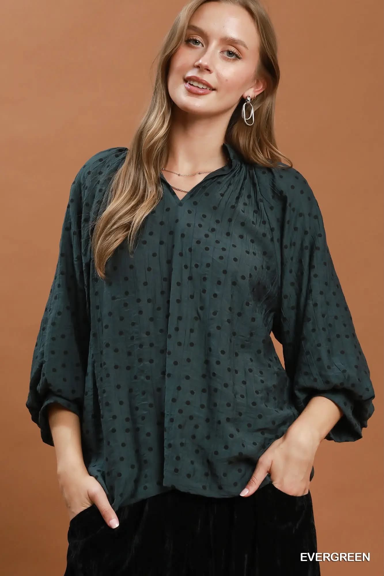 Umgee Polka Dot Textured Puff Sleeve Top