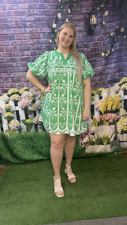 Umgee Border Print GREEN Dress Plus