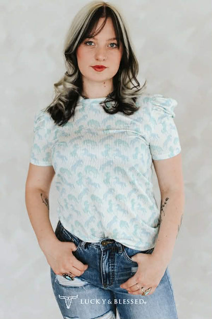 Lucky & Blessed bubble sleeve ribbed top