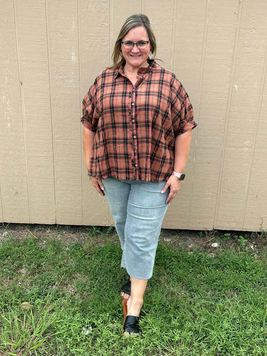 Umgee Plaid Collared Button Down Reg + Plus Size Top