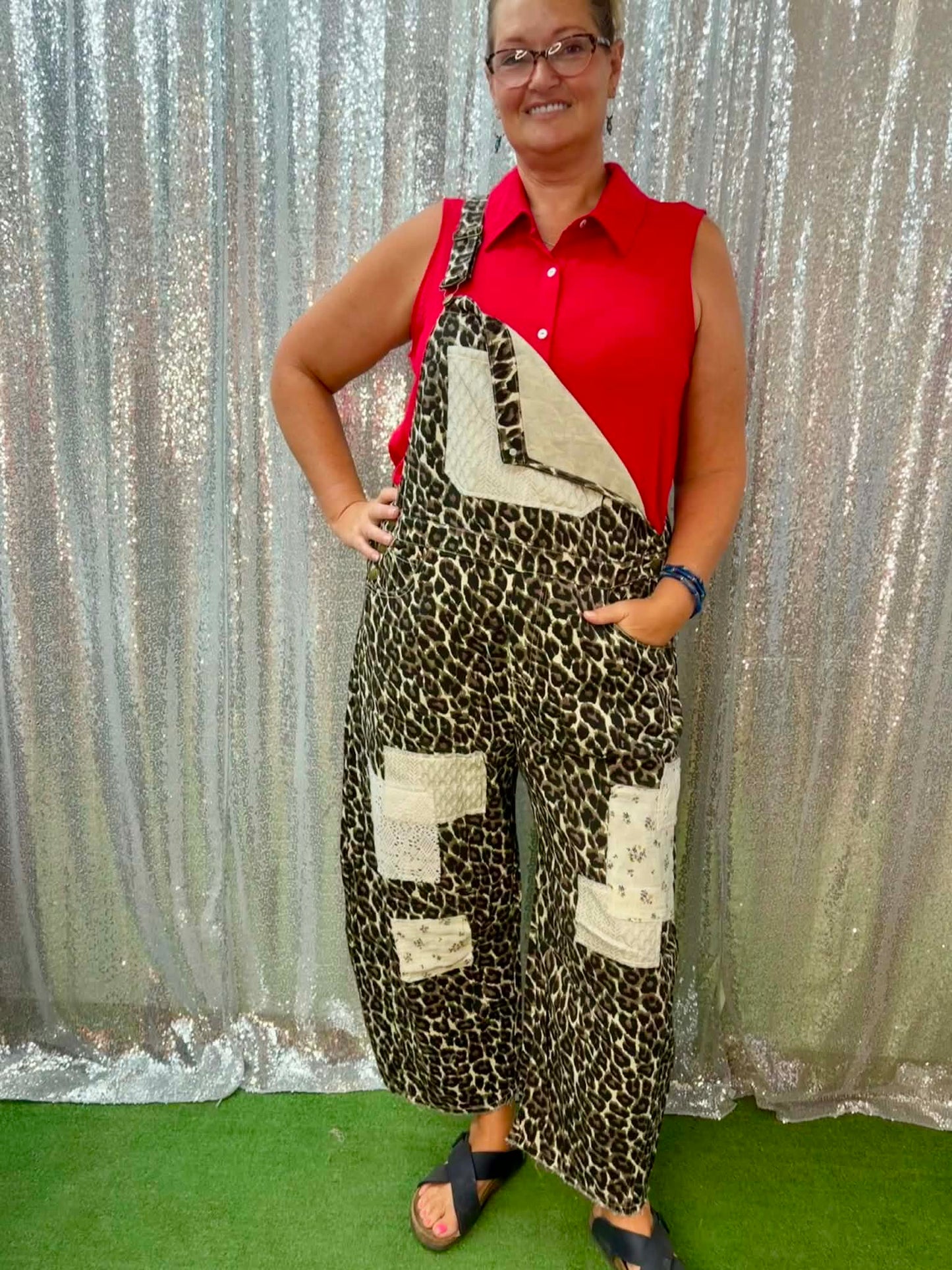 Oddi Leopard Mixed Media Overalls Plus