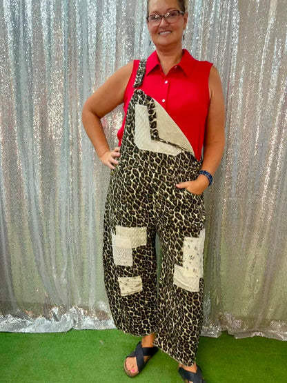 Oddi Leopard Mixed Media Overalls Plus