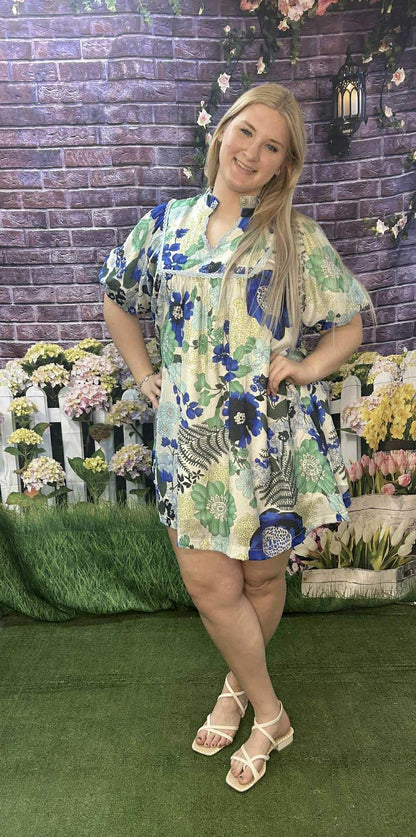 Umgee Blue Mix Floral Dress Plus