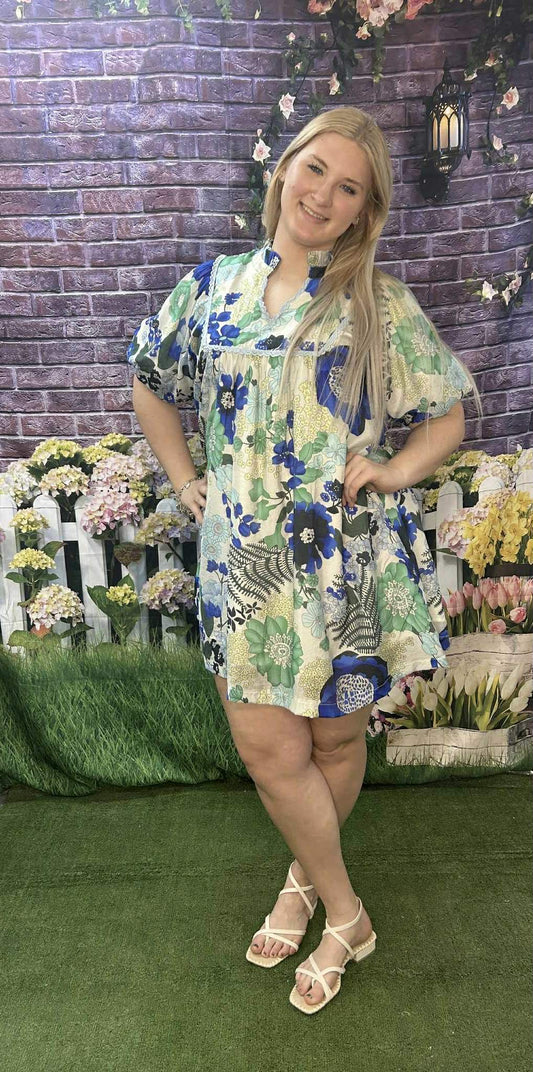 Umgee Blue Mix Floral Dress Plus