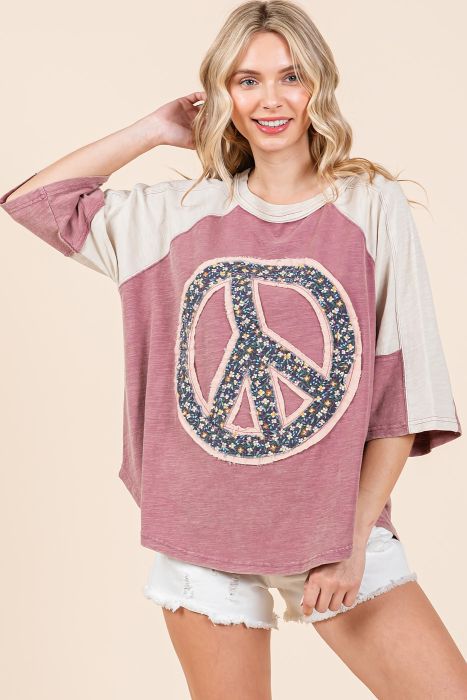 Peace Sign Patch Mineral Wash Top