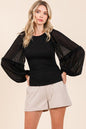 Mixed Media Textured Knit Chiffon Long Sleeve Top