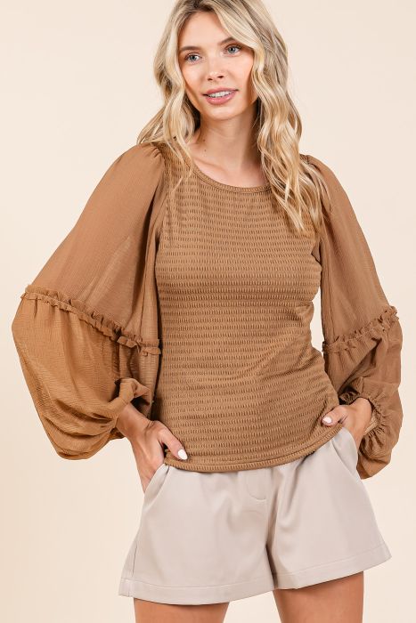 Mixed Media Textured Knit Chiffon Long Sleeve Top