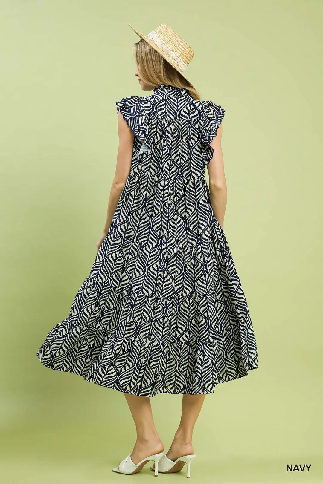 Umgee Navy Leaf Print Tiered Dress Reg