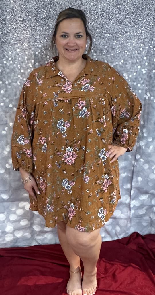 Umgee Floral Corduroy Midi Dress Plus Size