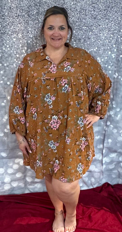 Umgee Floral Corduroy Midi Dress Plus Size