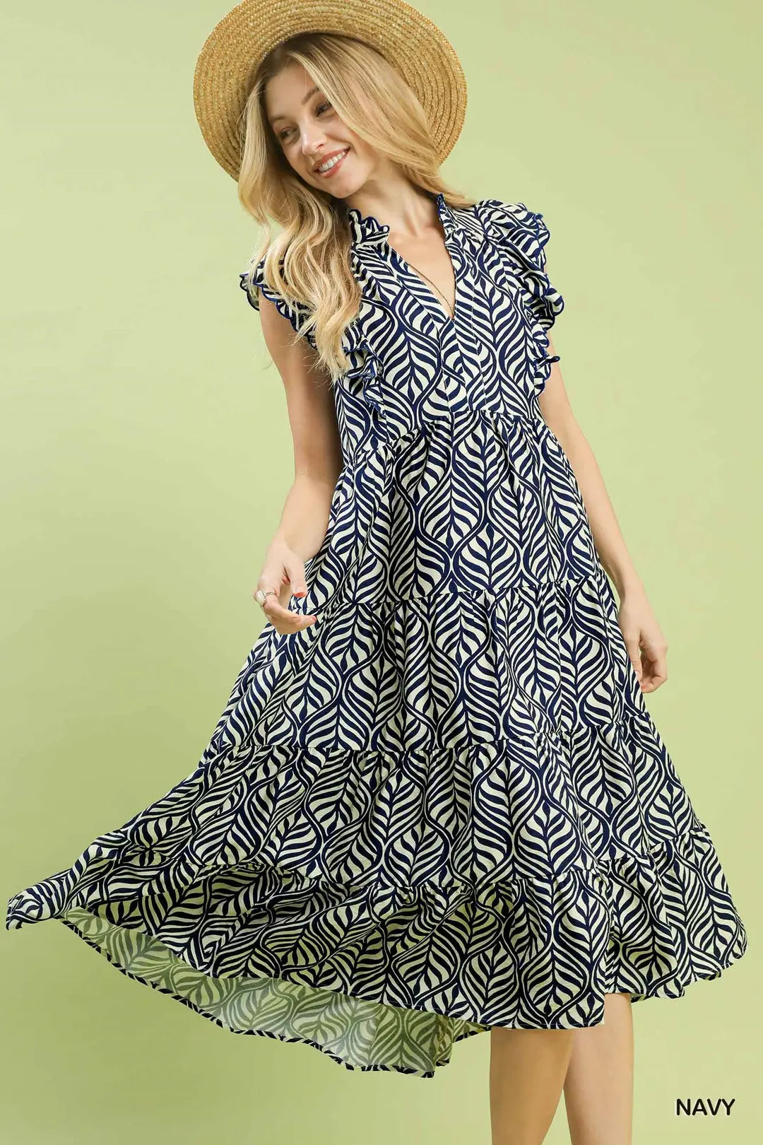Umgee Navy Leaf Print Tiered Dress Reg