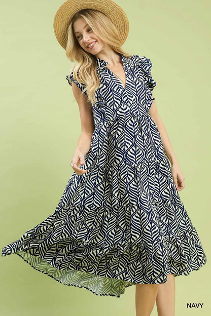 Umgee Navy Leaf Print Tiered Dress Reg