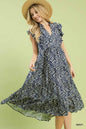Umgee Navy Leaf Print Tiered Dress Reg