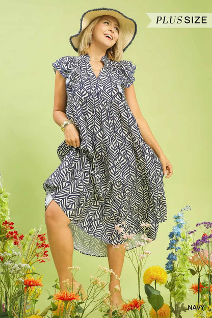 Umgee Navy Leaf Print Tiered Dress Plus