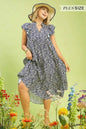 Umgee Navy Leaf Print Tiered Dress Plus